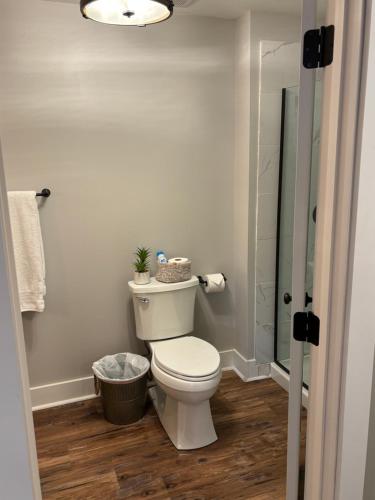 a bathroom with a white toilet and a shower at Hermann Crown Suites in Hermann