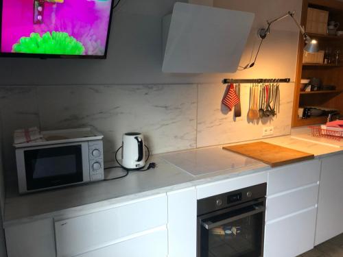 a kitchen with a microwave and a tv on the wall at Apartment in Gelb, mit Balkon, Kamin, 50 Schritte zu Radweg, ideal for Long Stay, 4 Singles in Single Rooms in Mainstockheim