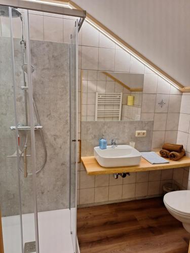 La salle de bains est pourvue d'un lavabo et d'une douche. dans l'établissement Biobauernhof Poidlbauer, à Göstling an der Ybbs