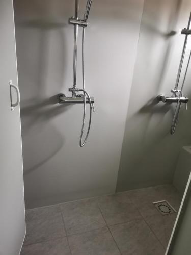 une salle de bain avec une douche avec une porte vitrée dans l'établissement gite piscine campagne, à Saint-Sauveur-des-Landes