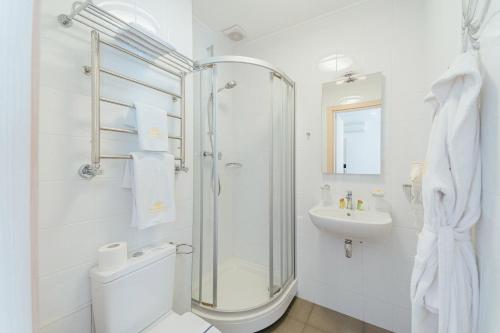 a bathroom with a shower and a toilet and a sink at Boutique Hotel Palais Royal in Odesa