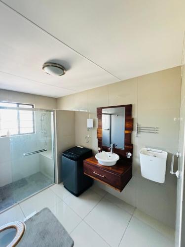 a bathroom with a sink and a shower at 2BR Apartment near Etosha in Katutura