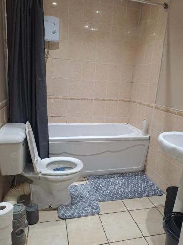 a bathroom with a toilet and a bath tub at Best Lodge in Manchester