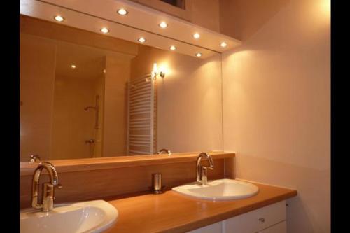 uma casa de banho com 2 lavatórios e um espelho grande em Gte Le Grenier du Roc dans son cadre de verdure em Thiéfosse