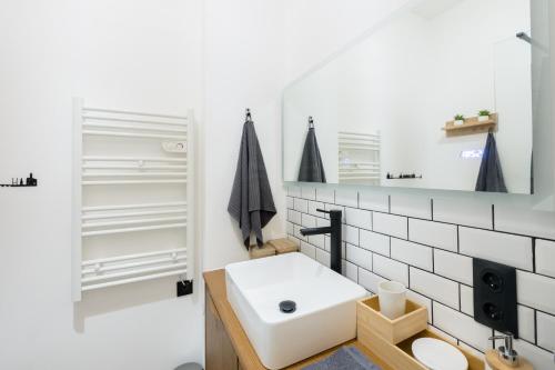 une salle de bain avec un lavabo blanc et un miroir dans l'établissement L'écluse St-Pierre, à Toulouse