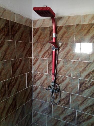 une douche avec un pommeau de douche rouge sur un mur de carrelage dans l'établissement Appartement a 15km airport tunis, à Raoued