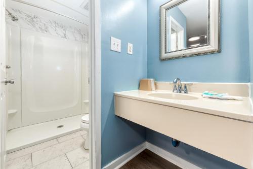 a bathroom with a sink and a toilet and a mirror at The SkyBreeze Inn in Bohemia