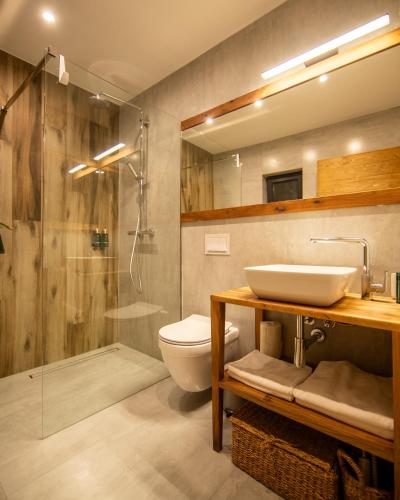 a bathroom with a toilet and a sink and a shower at La Râu 663A - Riverside Mountain Chalet with Outdoor Jacuzzi in Porumbacu de Sus