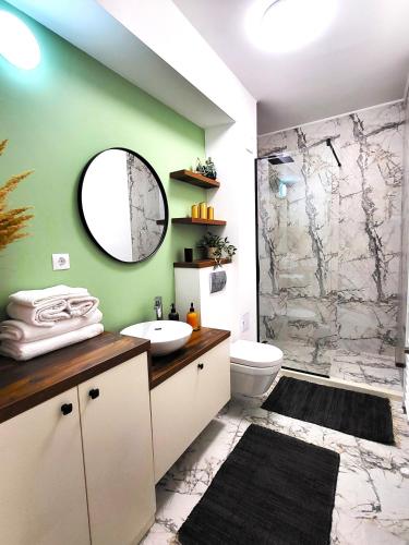 a bathroom with a sink and a shower with a mirror at Garden City Studio in Sibiu