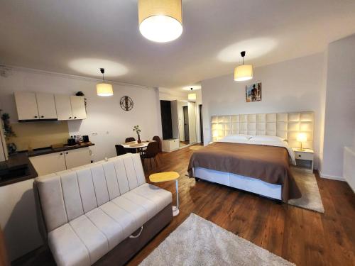 a bedroom with a bed and a couch and a kitchen at Garden City Studio in Sibiu