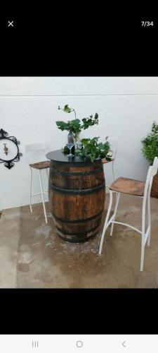 a potted plant in a barrel with a table and chairs at La casita del vino in Socuéllamos