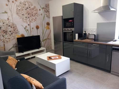 un salon avec un canapé et une cuisine dans l'établissement La cour fleurie, tout confort, à Dijon