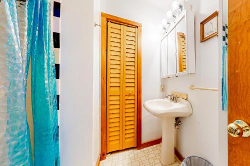 a bathroom with a sink and a wooden door at A Very Vermont Vacation in Jamaica