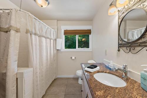 W łazience znajduje się umywalka, toaleta i lustro. w obiekcie Leavenworth Retreat w mieście Leavenworth