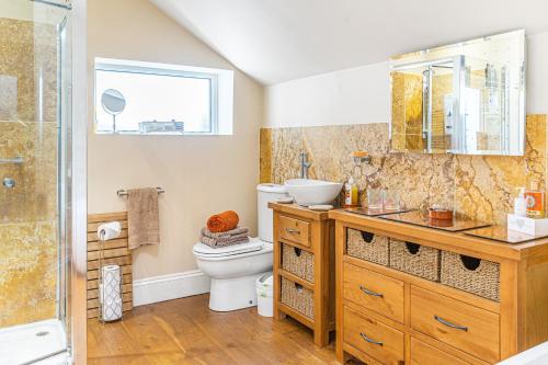 a bathroom with a toilet and a sink and a shower at Mayeston Barn Holiday Home in Pembroke Dock