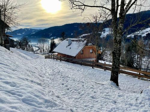 a snow covered cabin with a tree in the foreground at Lärchenhaus ,,Unterer Brodl" in Kammersberg