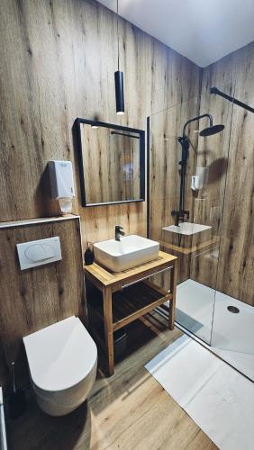 a bathroom with a sink and a toilet and a shower at B&B President in Zagreb