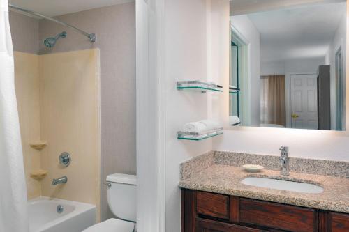 a bathroom with a sink and a toilet and a mirror at Residence Inn Greenville-Spartanburg Airport in Greenville