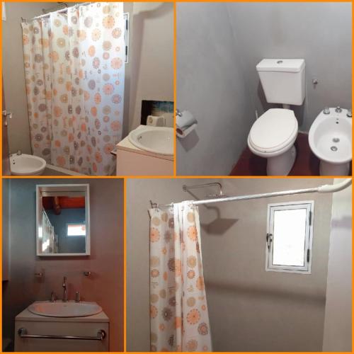 four pictures of a bathroom with a toilet and a sink at Departamento Dharma in Capilla del Monte
