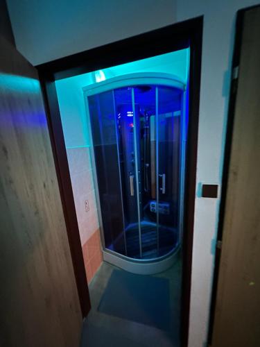 a glass door leading to a bathroom with blue lights at Relax studio Cheb in Cheb