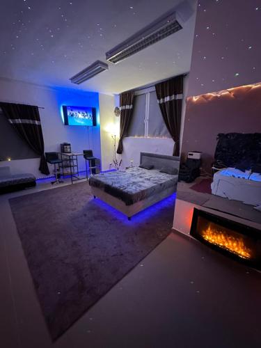 a bedroom with a bed and a fire place at Relax studio Cheb in Cheb