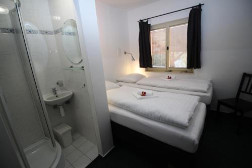 伏爾塔瓦河畔利普諾的住宿－Pink House Lipno，带淋浴和盥洗盆的浴室内的两张床