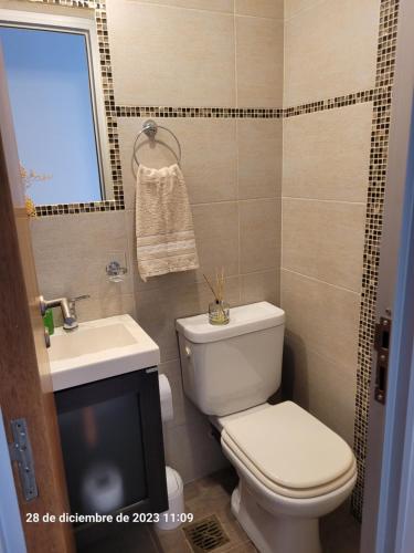 a bathroom with a toilet and a sink and a television at Departamento centrico en Posadas in Posadas