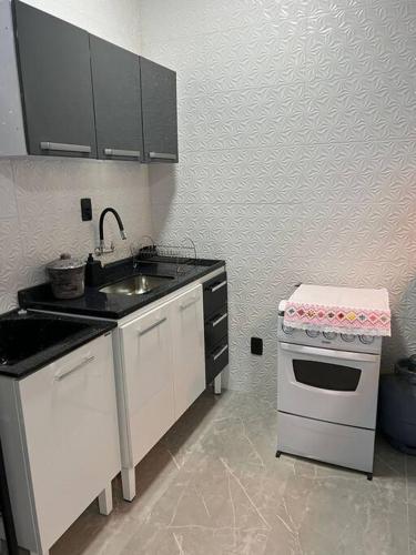 a small kitchen with a sink and a stove at Kitnet Cidade de Goiás - Go in Goiás