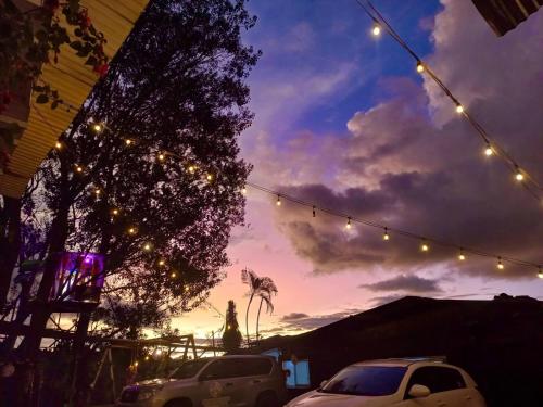 twee auto's geparkeerd op een parkeerplaats met kerstverlichting bij EL EDEN HABITACIONES in Manizales