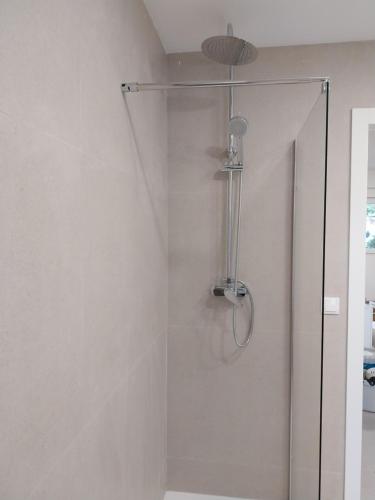 La salle de bains est pourvue d'une douche avec une porte en verre. dans l'établissement Apartamento Gran Turia, à Valence