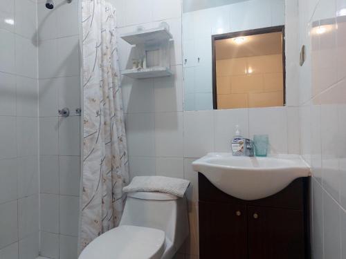 Baño blanco con aseo y lavamanos en Verdevida Apart Hotel, en Pucón