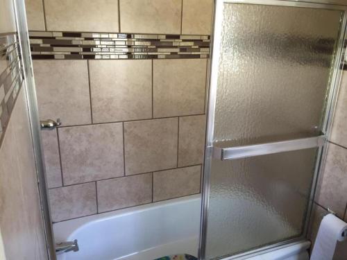 a shower with a glass door in a bathroom at Northland Motel Bay City-Kawkawlin in Kawkawlin