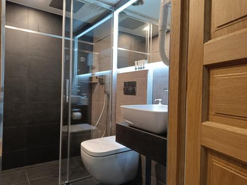 La salle de bains est pourvue de toilettes, d'un lavabo et d'une douche. dans l'établissement Hôtel Apollo Opéra, à Paris