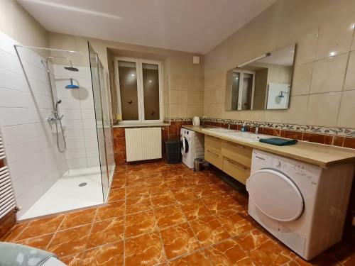 a bathroom with a shower sink and a washing machine at Gîte Lironville, 4 pièces, 6 personnes - FR-1-584-73 in Lironville