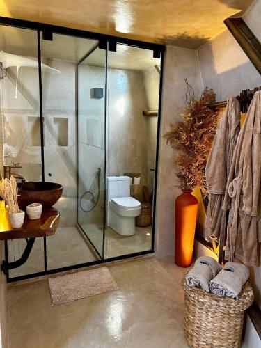a bathroom with a glass shower and a toilet at Monte dos Domos in Gameleiras