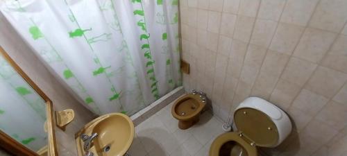 uma casa de banho com 2 WC e uma cortina de chuveiro em ARROYO SERRANO-MINA CLAVERO em Mina Clavero