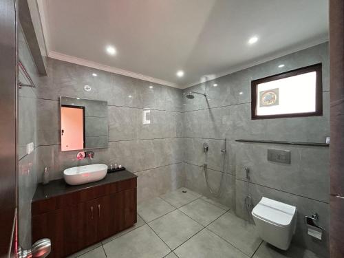 une salle de bain avec un lavabo, des toilettes et un miroir dans l'établissement Purna Boutique Resort - Luxury Villa with Private Pool, à Bhimtal