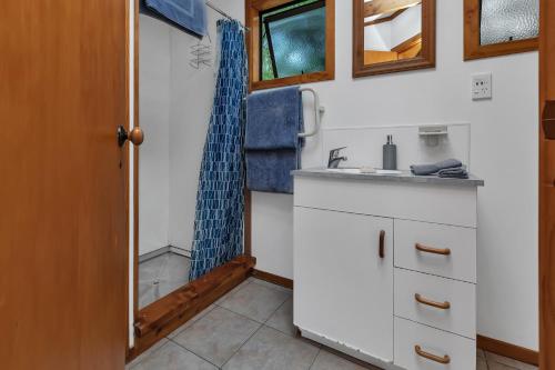 ein Bad mit einem Waschbecken und einer Dusche in der Unterkunft Macrocarpa Cottage - Cable Bay Holiday Home in Cable Bay