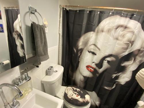 a bathroom with a shower curtain with a picture of a woman at 1 New York City, The Best Gateway Vacations in North Bergen