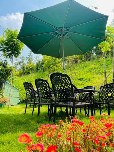 a group of chairs sitting under a green umbrella at The Mango Villa - Venus- Flamigo Dai Lai E3-7 in Phúc Yên