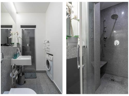 2 fotografías de un baño con lavabo y lavadora en Simply in the Center Spot en Poznan