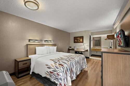 a hotel room with a bed and a desk at Red Roof Inn Detroit - Royal Oak/Madison Heights in Madison Heights