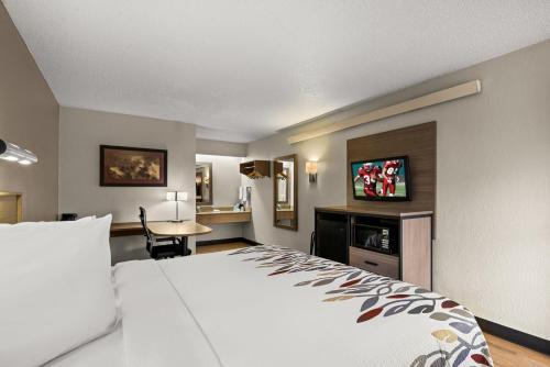 a hotel room with a bed and a desk at Red Roof Inn Detroit - Royal Oak/Madison Heights in Madison Heights