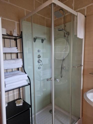 y baño con ducha y puerta de cristal. en Il Piccolo Rifugio, en Castellana Grotte