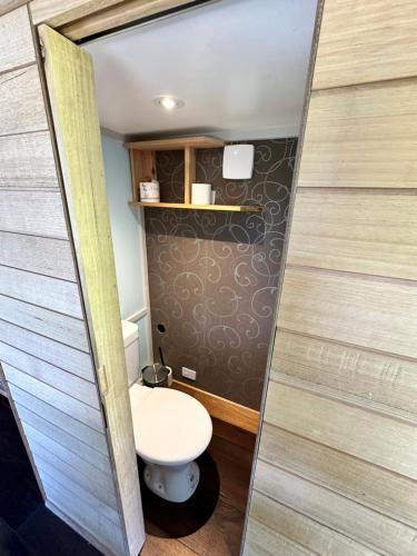 a bathroom with a toilet in a small room at Ocean Breeze Tiny House - Ocean and Lake View in Mallacoota