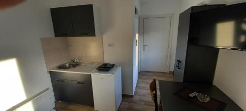 a small kitchen with a sink and a counter at Apartmani Kovačević MKM Banja Vrujci in Gunjica