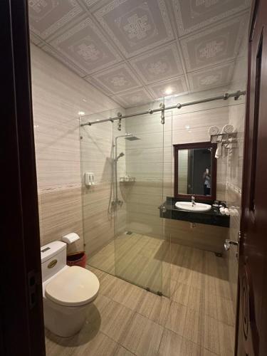 a bathroom with a shower and a toilet and a sink at LENA HOTEL in Danang