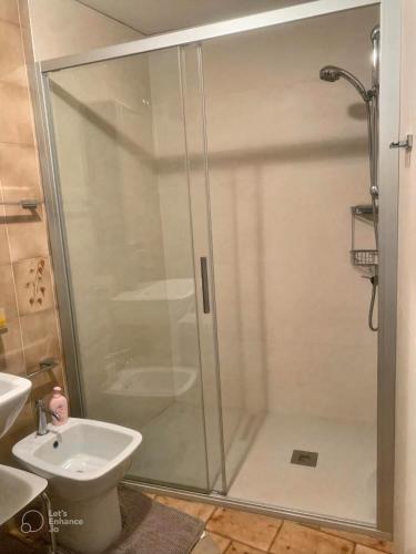 a bathroom with a shower and a toilet and a sink at La Casa dei Nonni in Arta Terme
