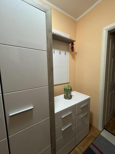 ein Schrank mit weißen Schubladen und einem Spiegel in der Unterkunft Apartman B&S Apatin in Apatin
