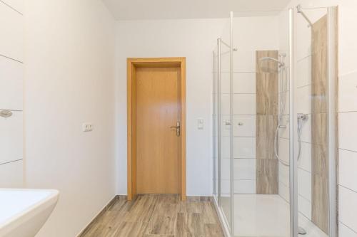 a bathroom with a shower and a glass door at Ferienwohnung Erika in Dassow